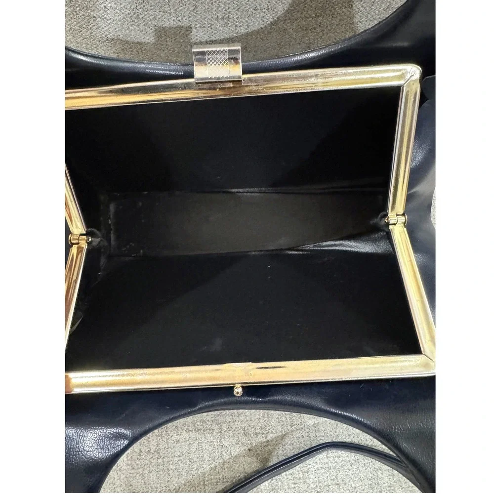 Vintage Navy Blue Faux Leather Shoulder Bag Gold Tone Minimalist